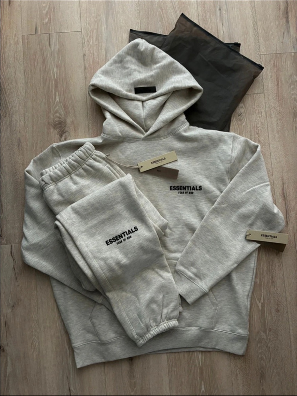 New Fear of God Essentials Light Gray Hoodie & Sweatpants Set with dust bag